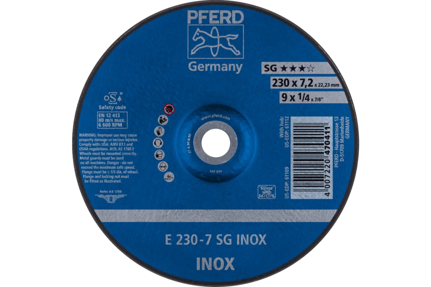 Picture of Pferd Grinding Wheel, 9" X 1/4 X 7/8, Sg Inox, T27, Aluminum Oxide